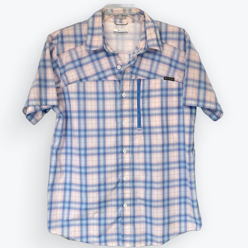 Columbia pink & blue plaid outdoor short sleeve, dry wicking, slim fit Sz medium
